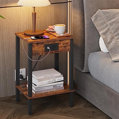 2-Piece End Table Set with Charging Station for Small Spaces