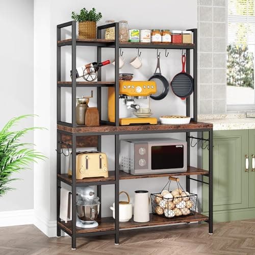 Tribesigns 43" Wide Bakers Rack with 5-Tier Shelves & 10 Hooks, Black Brown