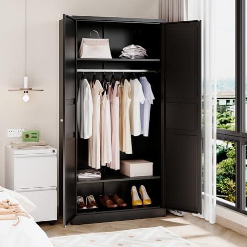 Black Metal Armoire Wardrobe 72" with Doors & Hanging Rail (Assembly Required)