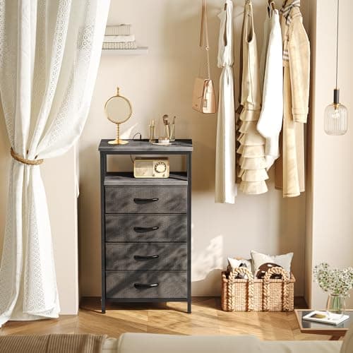 Huuger 33.9 Inch Tall Night Stand with Charging Station & 4 Drawers, Gray