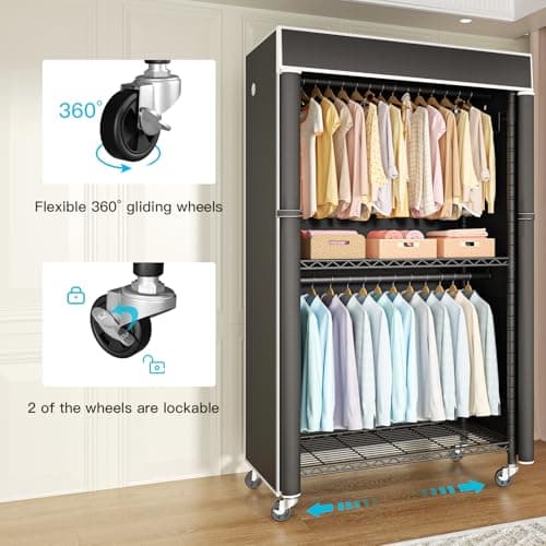 P1C Rolling Metal Closet Rack with Cover, Black, 450LB Load Capacity