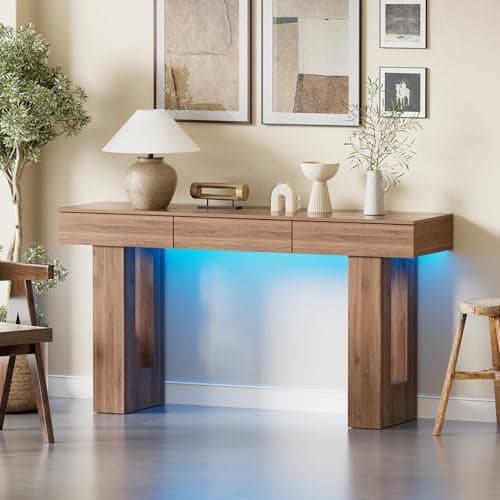 PAKASEPT Natural 63-Inch Console Table with Colorful LED Lights and 3 Drawers