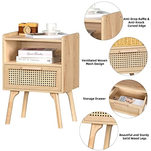 Lerliuo Natural Boho Rattan Nightstands Set of 2 with Drawer & Shelf for Bedroom Small Spaces