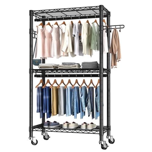 3-Tier Heavy Duty Wire Clothes Rack with Double Rods & Hooks, Freestanding Storage Wardrobe