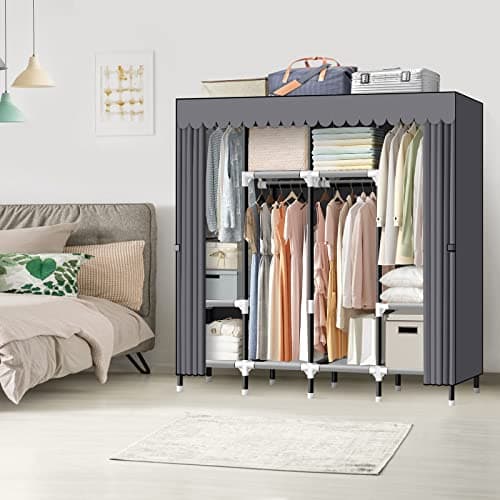 Loceme 67 Inch Portable Wardrobe Closet with 4 Hanging Rods, 25mm Steel Tube, Gray Cover