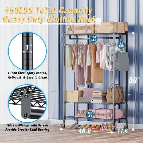 Homdox Heavy Duty Rolling Clothing Rack with Shelves and Side Hooks