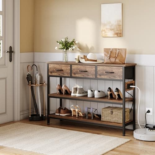 Lulive Adjustable Entryway Table with Power Outlets & 3 Drawers (Rustic Brown, 43")