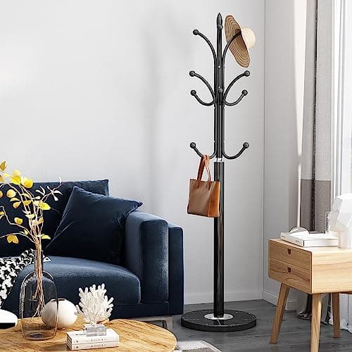 Black Freestanding Metal Coat Rack with 12 Hooks & Natural Marble Base