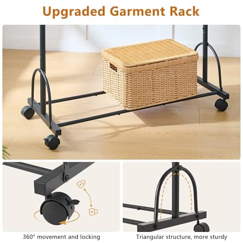 Gewudraw Rolling Clothes Rack with Shelf - Easy Assembly, Sturdy Design