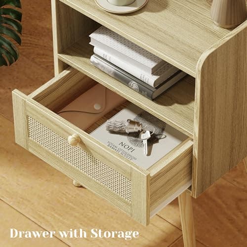 SUPERJARE Nightstands Set of 2 with Charging Station & PE Rattan Drawer, Solid Wood Feet - Natural