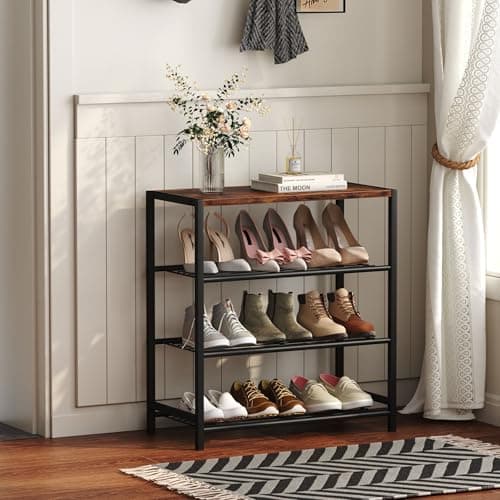 Yusong Rustic Brown 4-Tier Industrial Shoe Organizer Shelf