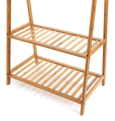 Finnhomy Large Portable Bamboo Clothes Rack with 2-Tire Storage Shelves