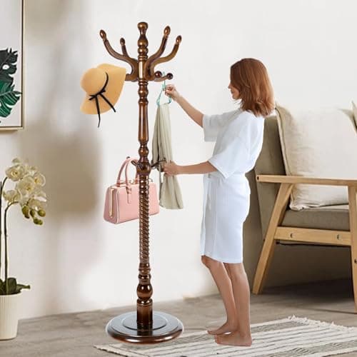 Modern Solid Wooden Coat Rack, 11 Hooks, Natural Birch, 330 lbs Capacity