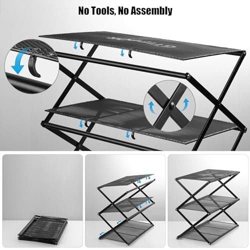 3-Tier Metal Foldable Shoe Organizer - Space Saving & Sturdy, Black