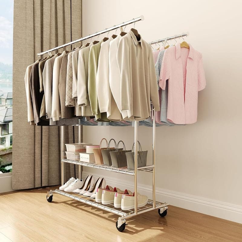 Heavy Duty Clothes Rack 630 LBS, Adjustable Height & Portable