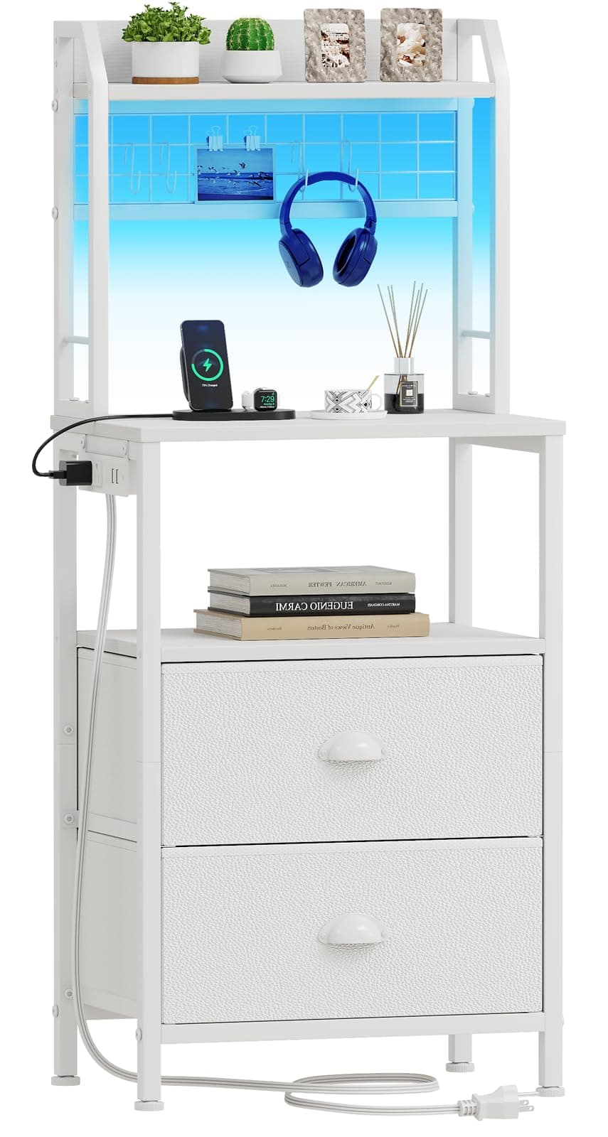 Furologee 41" Tall Nightstand with Charging & Pegboard, White