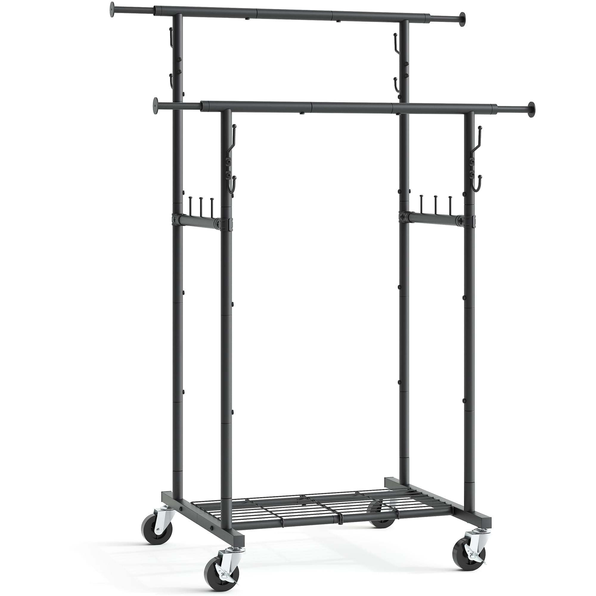 Gewudraw Heavy-Duty Rolling Clothes Rack with Wheels and Shelves - 64.2 inch Black Metal Garment Rack