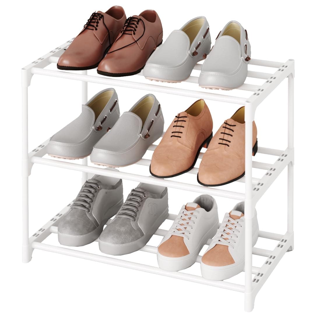 White 3-Tier Metal Shoe Rack for Kids Entryway and Closet (Narrow, 6-8 Pairs)