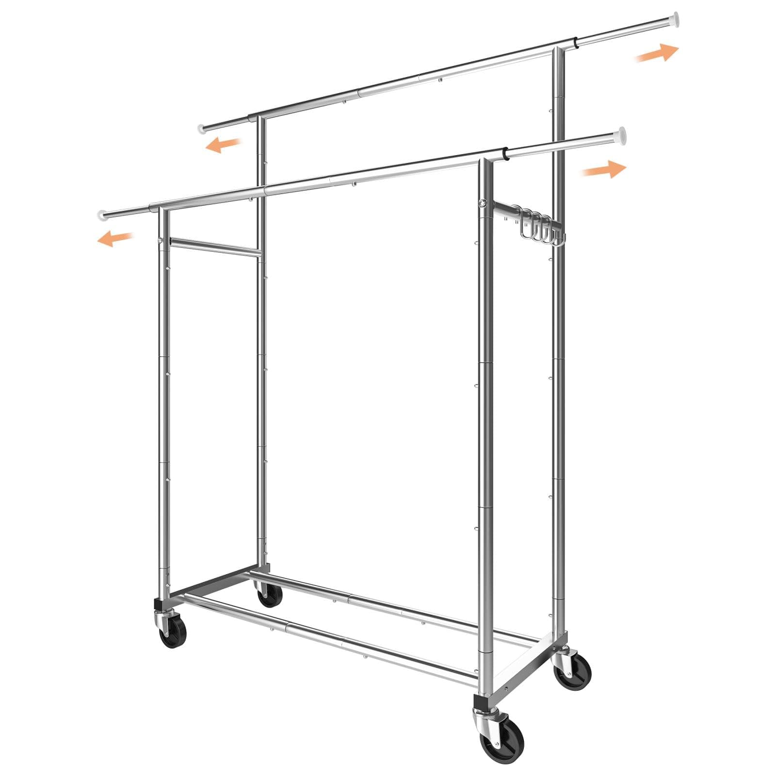 Trending Double Rod Clothing Rack with 4 Hooks & Wheels, Chrome