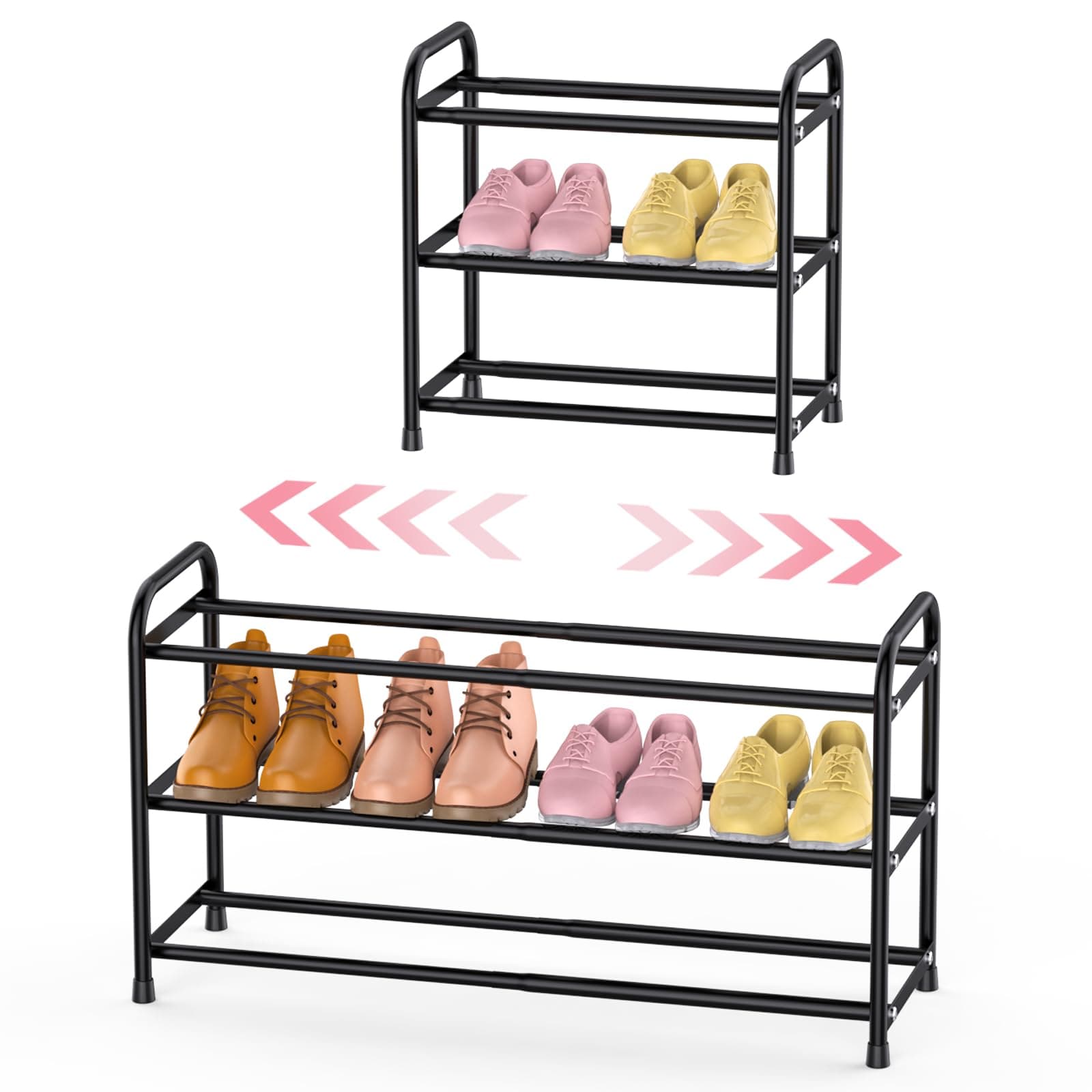 Black 3-Tier Expandable Shoe Rack, Closet and Entryway Storage