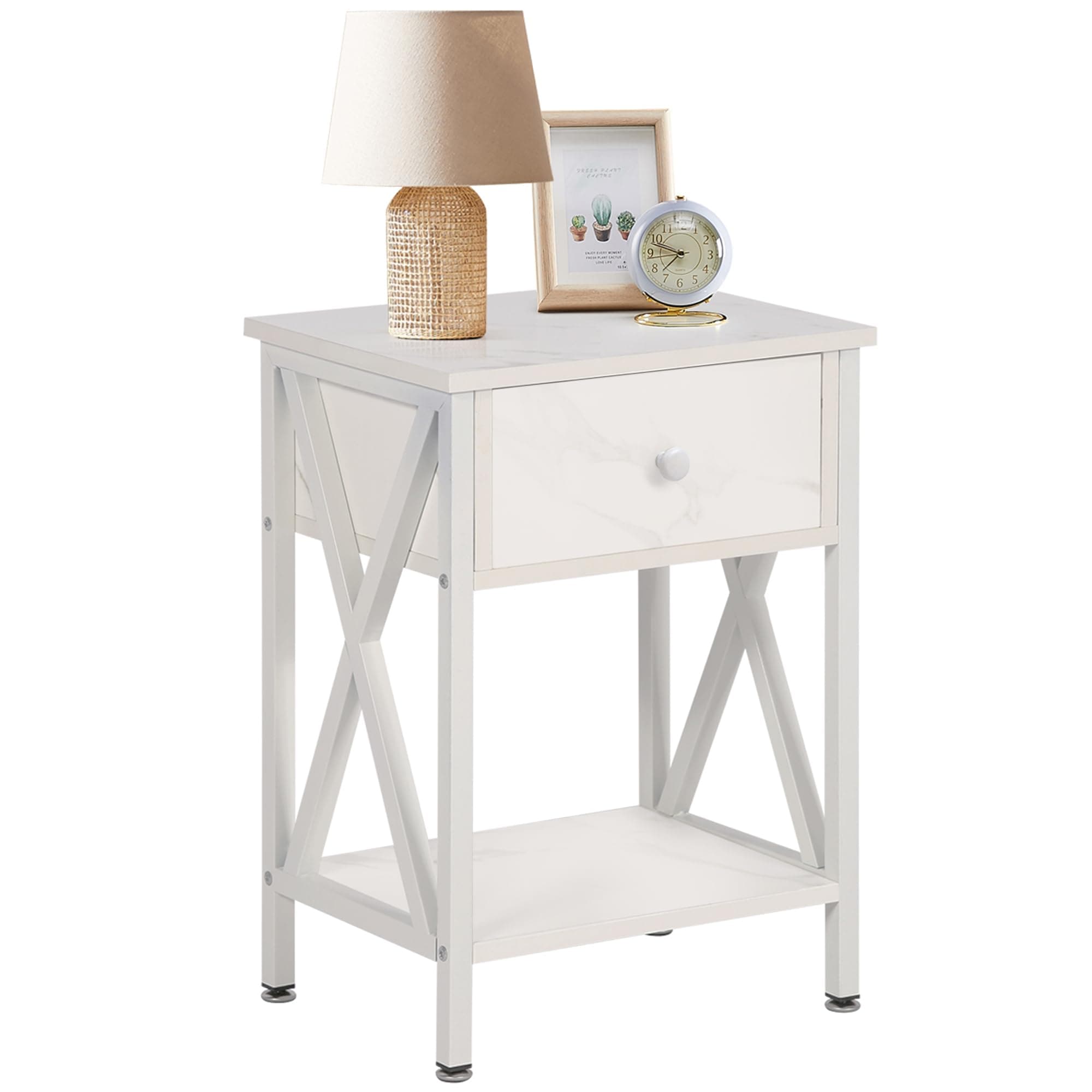 VECELO Modern Bedside Table with Drawer & Shelf, Industrial Metal Frame