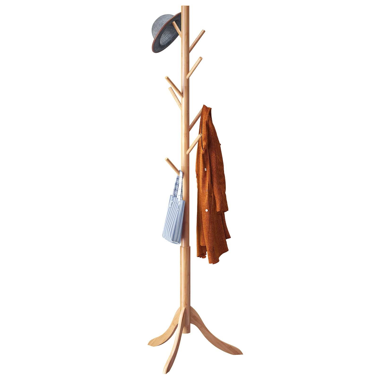 Bamboo Freestanding Coat Rack with 8 Hooks for Entryway (Natural)