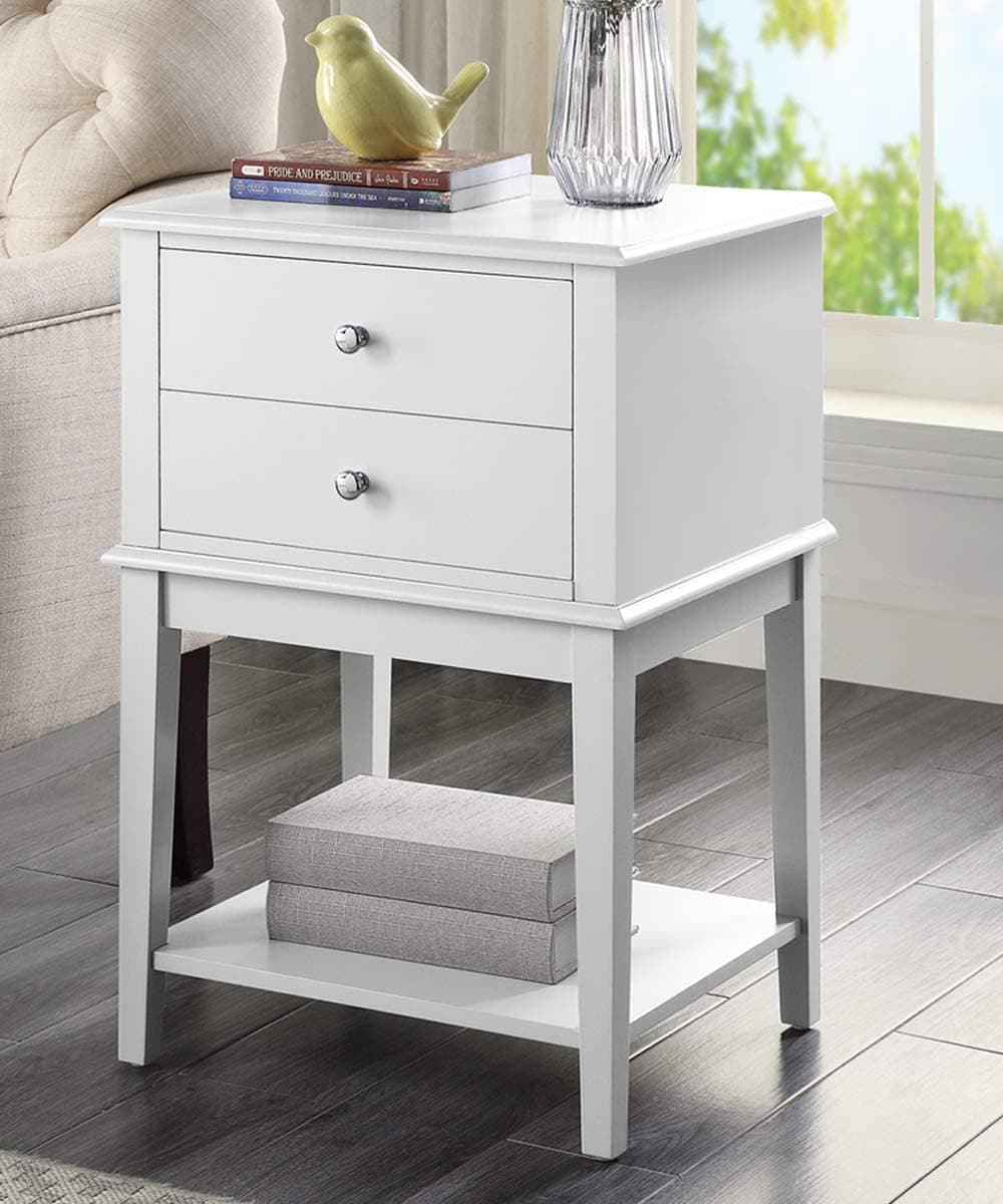Modern White Nightstand with 2 Drawers, Tall 28" Living Room Bed Side Table