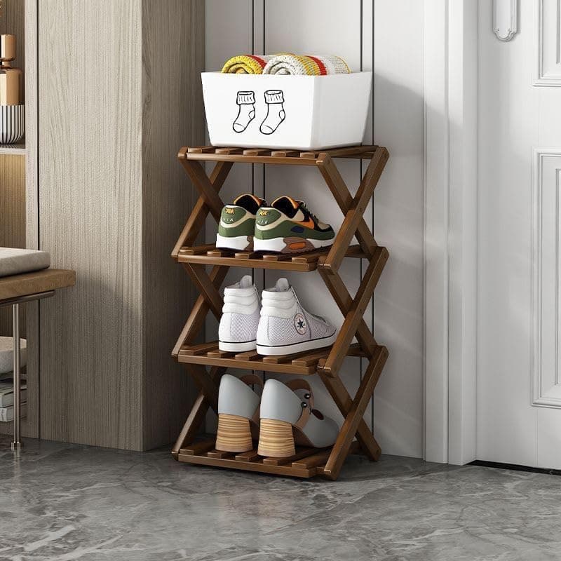 Bamboo Foldable Shoes Organizer, 4 Layers, Natural Brown | Versatile Storage Solutions