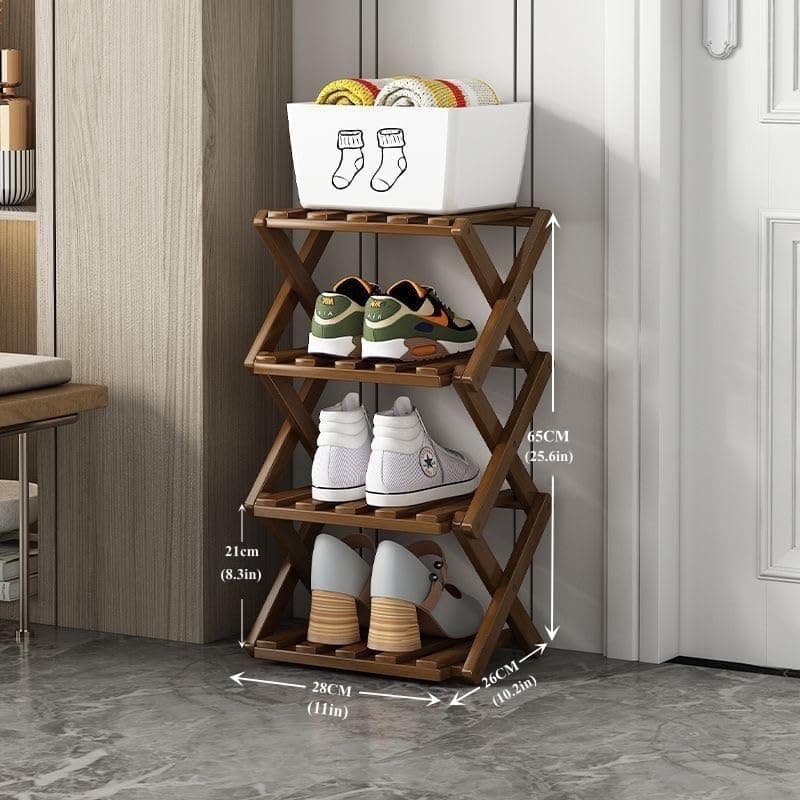 Bamboo Foldable Shoes Organizer, 4 Layers, Natural Brown | Versatile Storage Solutions