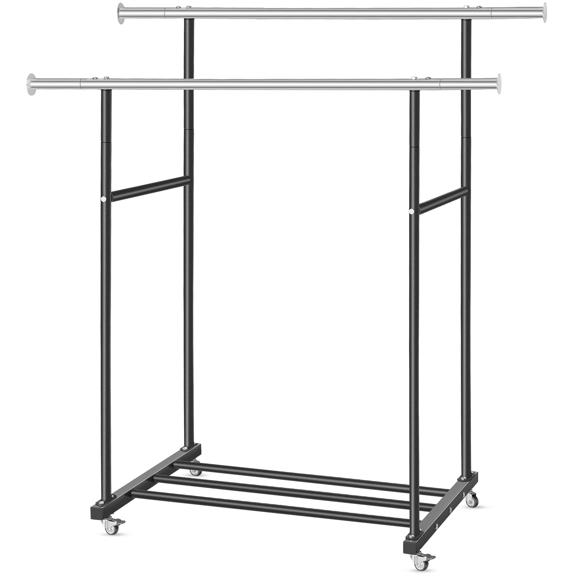 Heavy Duty Double Clothing Rack with Wheels, Black, 130LB Capacity