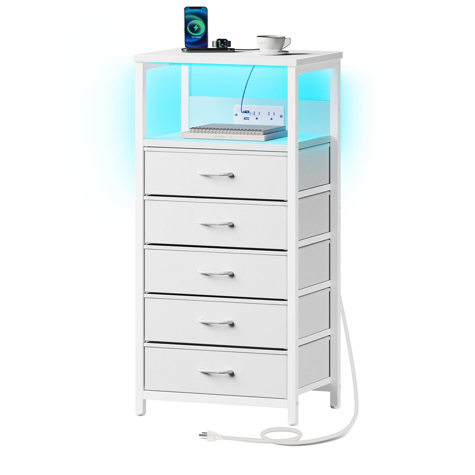White Nightstand with 5 Fabric Drawers & Charging Station
