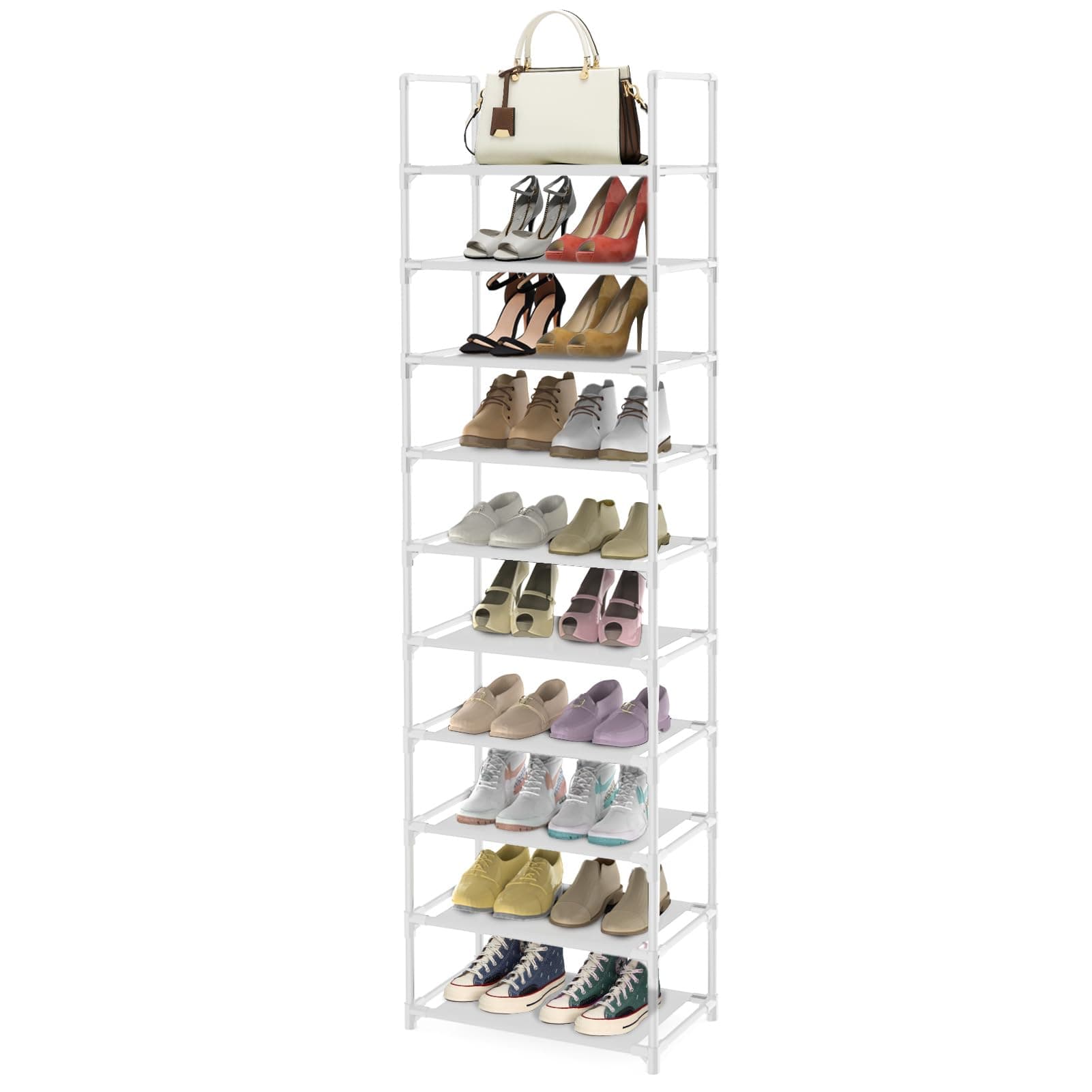 Barsone 10-Tier Shoe Organizer, Space-saving White Stand for Closets and Hallways