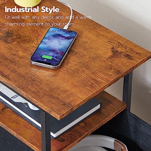 HOOBRO Adjustable End Table with Charging Station, Rustic Brown & Black, BF486UBZP201