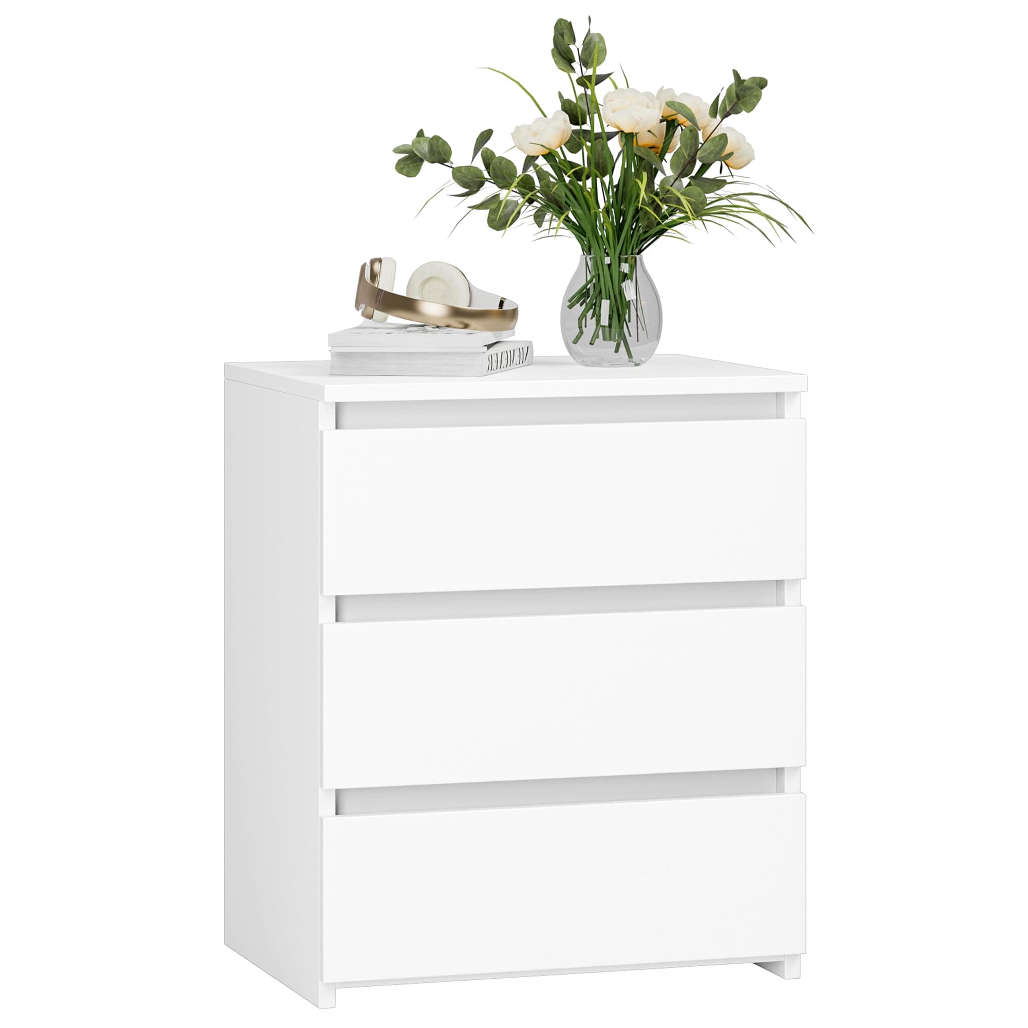 Fotosok White 3-Drawer Nightstand with Cut-Out Handle