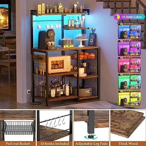 Aheaplus Rustic Brown Bakers Rack with Power Outlet & LED Lights, 10 Hooks & Wire Basket
