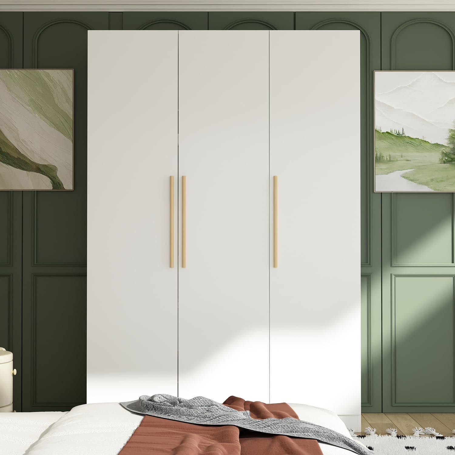 AIEGLE 3-Door Wood Wardrobe Armoire, Large Standing Closet with Shelves & Rod, White (70" H)