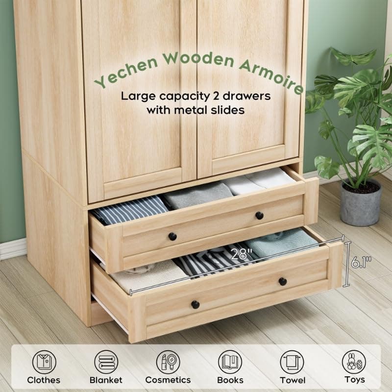 Yechen 71" Natural Wooden Storage Armoire with Adjustable Shelves & Hanging Rail
