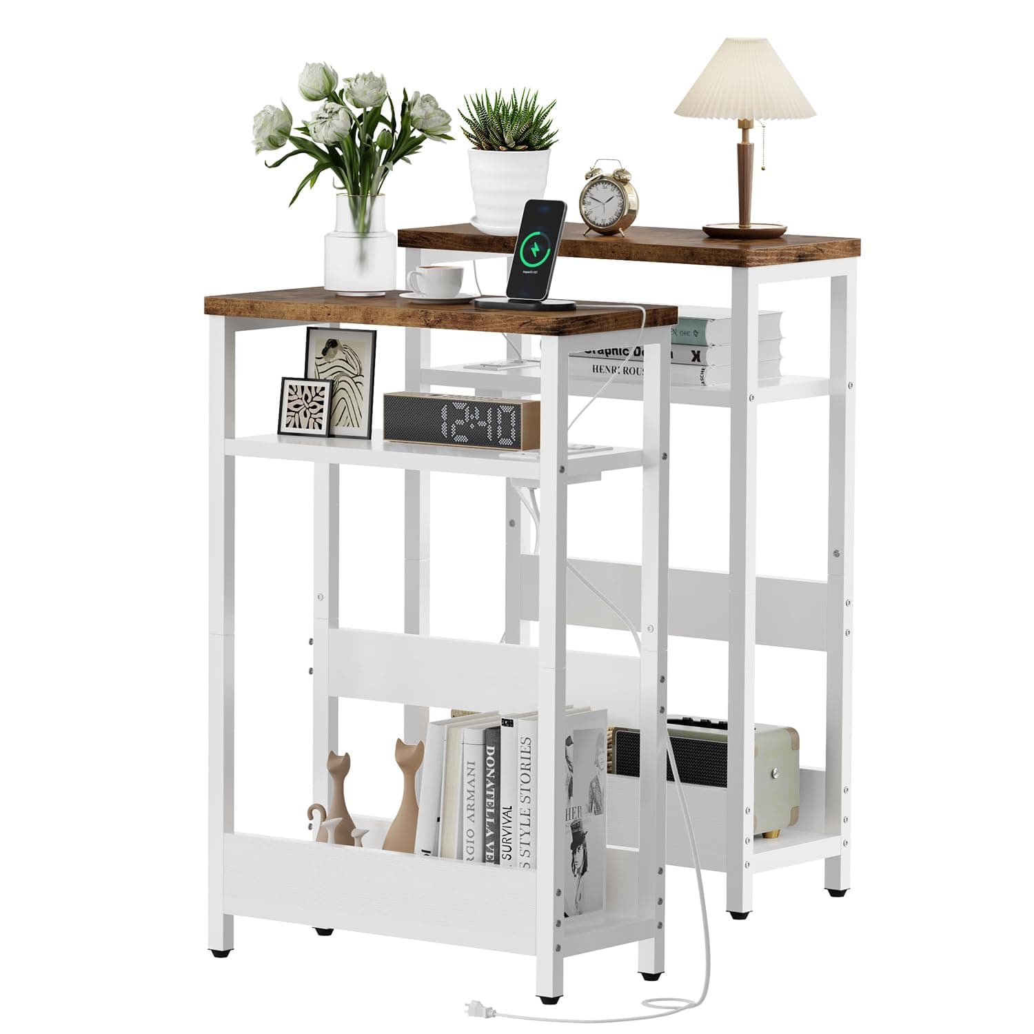 IBUYKE Narrow Side Table Set of 2 with Charging Station, White and Brown UTMZ006W-2