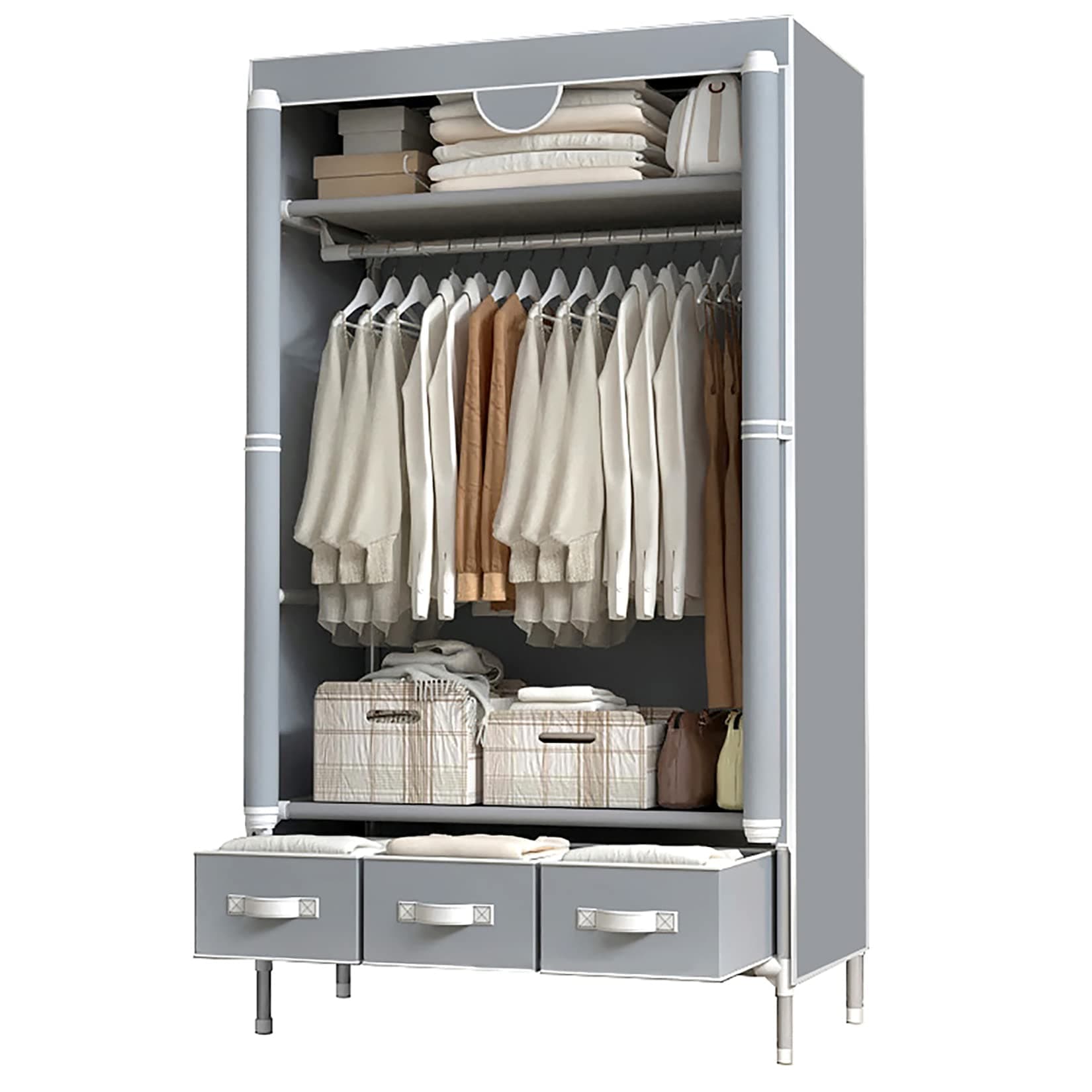 Portable Rolling Closet with Hanging Rack & 3 Drawers - Gray
