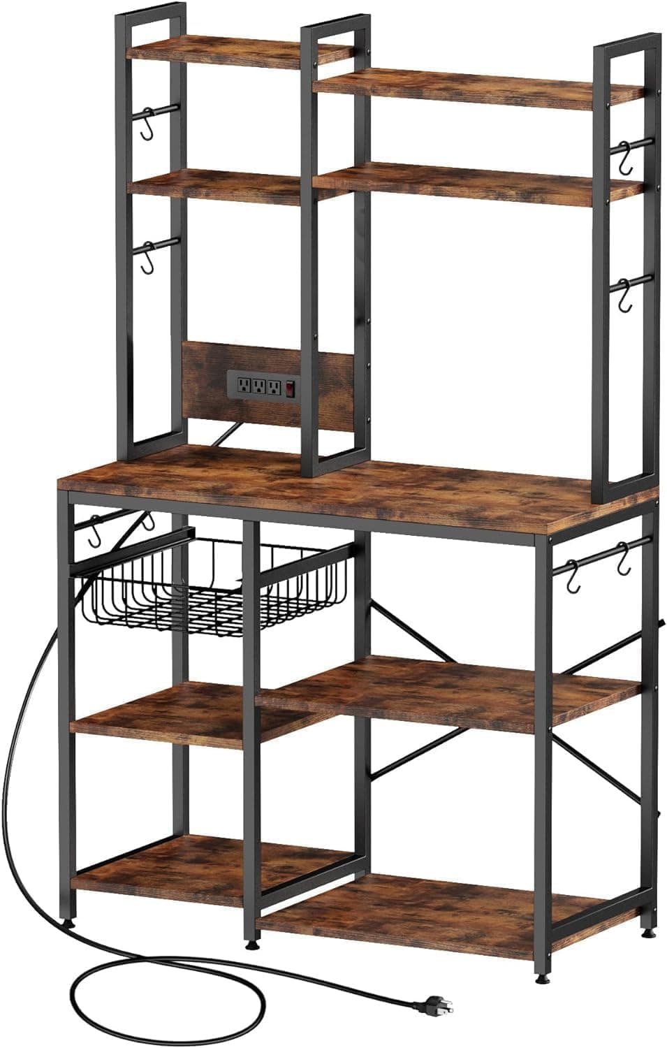 Rustic Brown Standing Baker’s Rack with Power Outlet & 6-Tier Stand