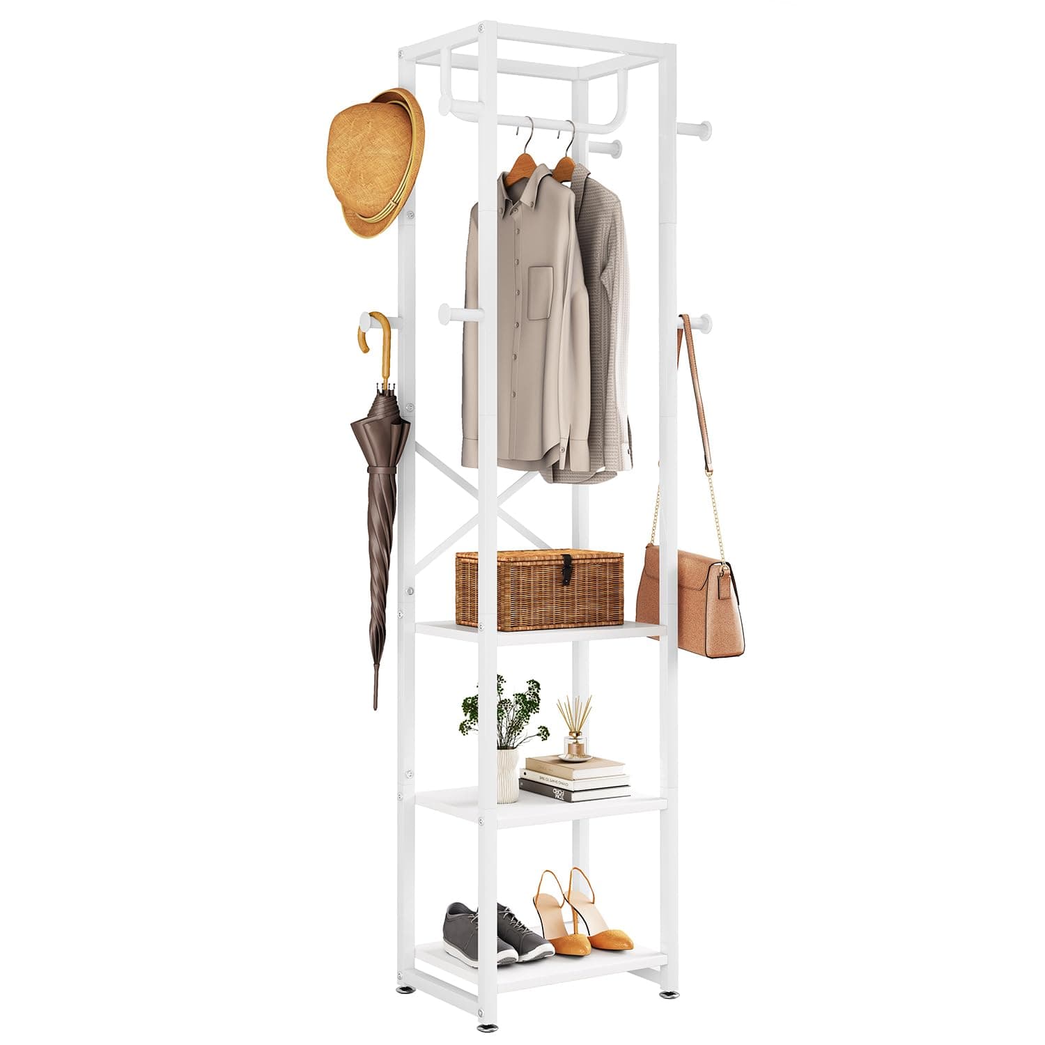 IBUYKE White Freestanding Coat Rack with 3 Shelves and 8 Hooks UTMJ088W