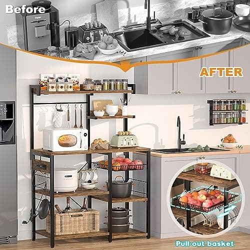 Aheaplus Rustic Brown Bakers Rack with Power Outlet & LED Lights, 10 Hooks & Wire Basket