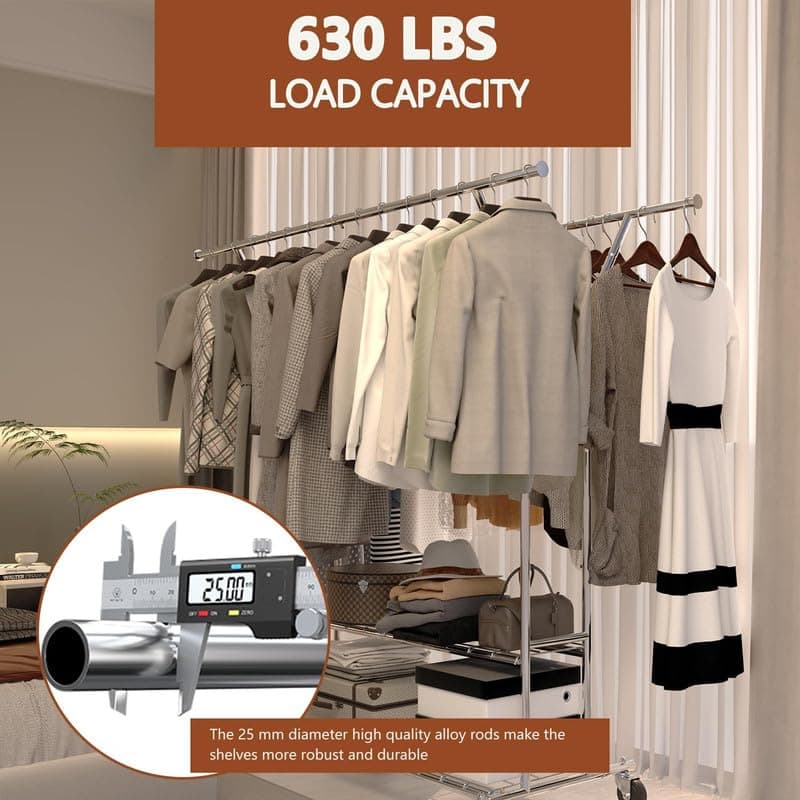 Heavy Duty Clothes Rack 630 LBS, Adjustable Height & Portable