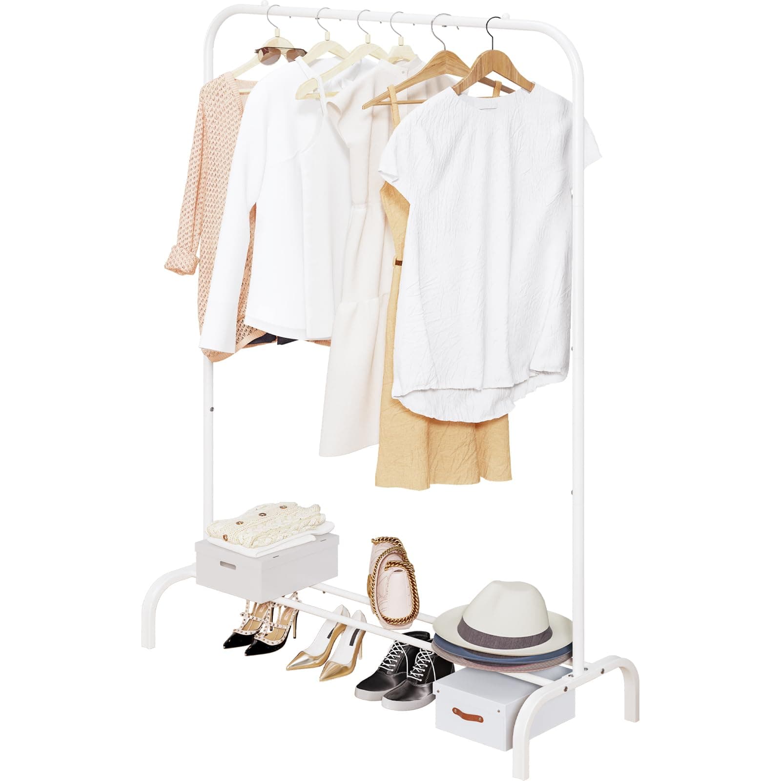 Heavy Duty Portable Clothes Hanging Garment Rack with Metal Shelf, Black (White)