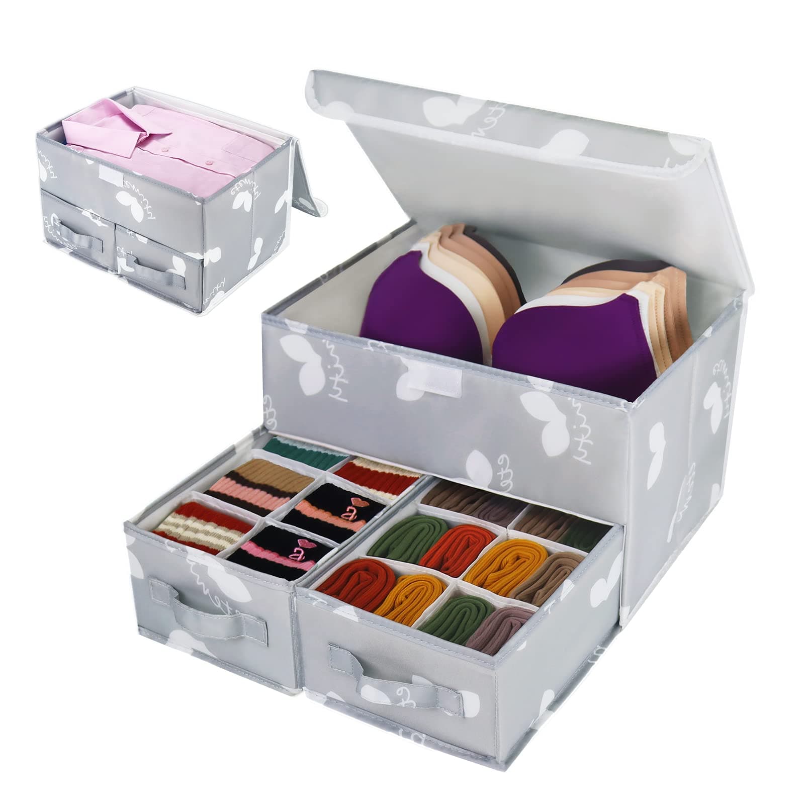 Grey Sock Underwear Drawer Divider - Closet Organizer Bin with Lid
