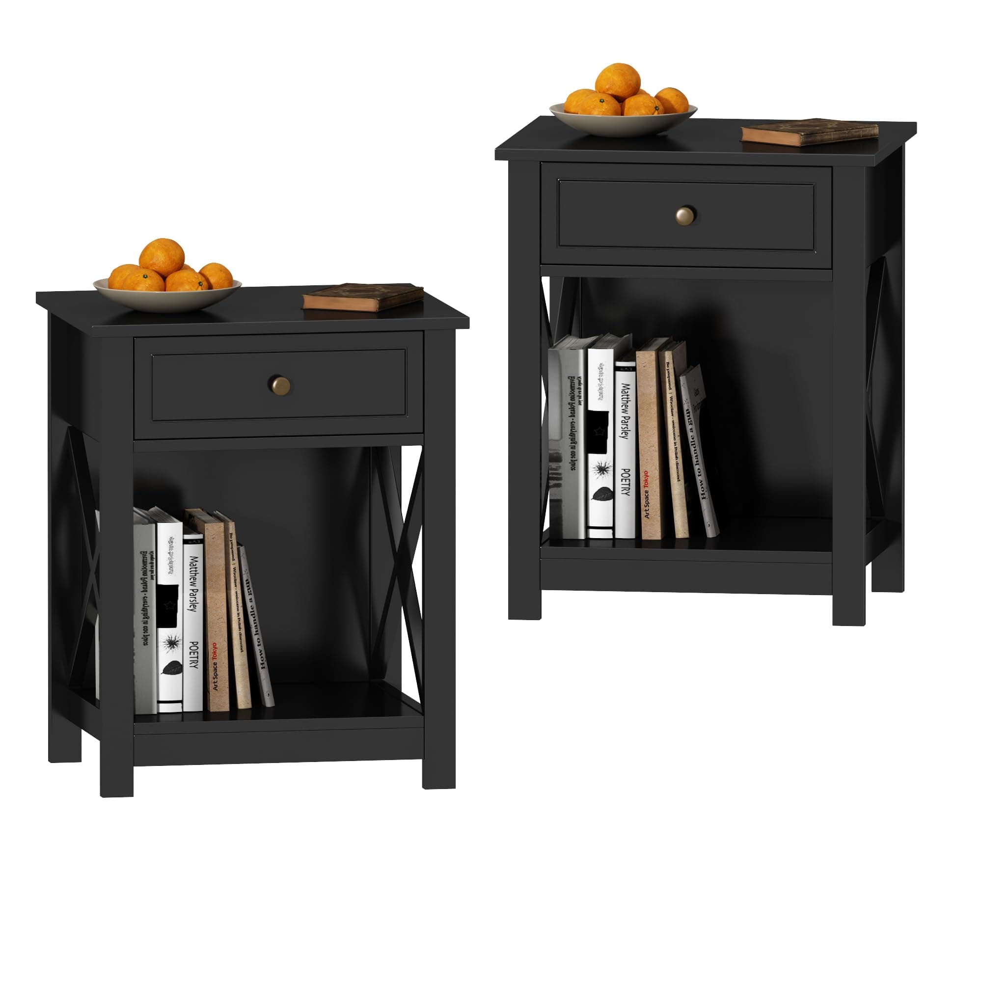 Treocho Black X-Design End Table Set of 2, Modern Nightstand for Small Bedrooms
