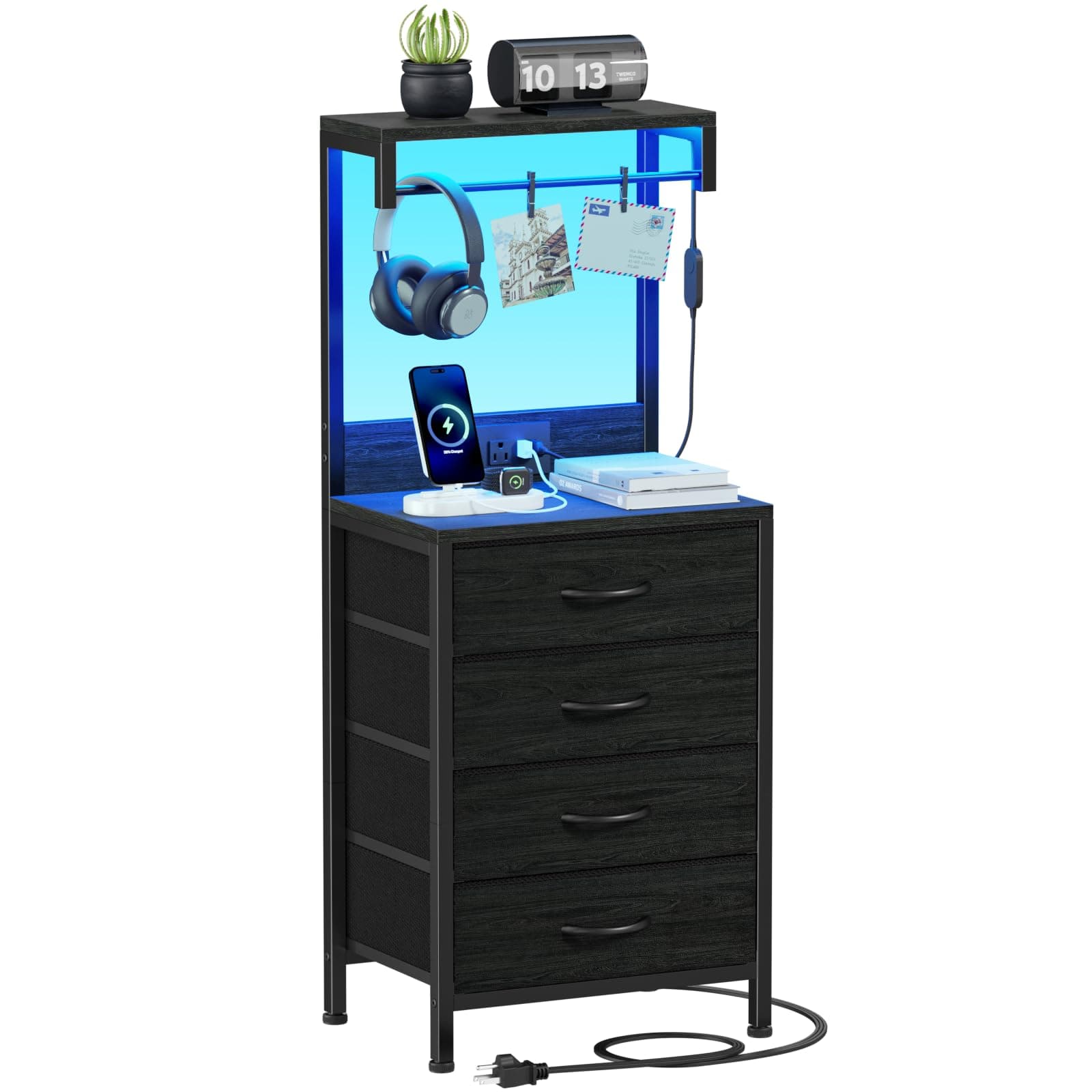 Furnulem Black Oak Tall Nightstand with Charging & LED Lights