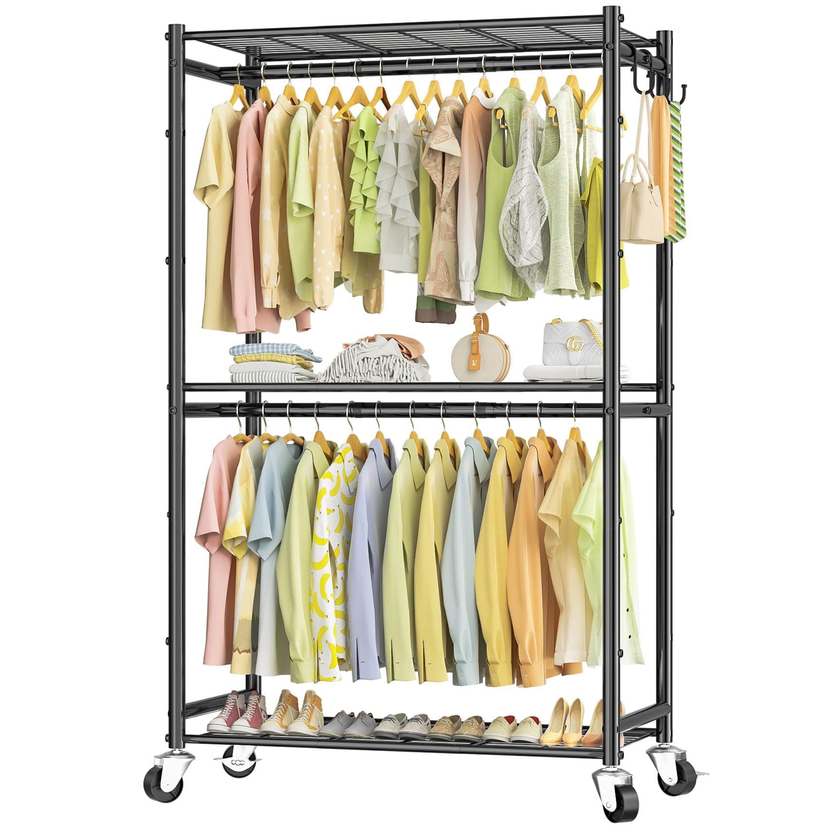 Portable Metal Clothes Rack with Double Rods & 3 Wire Shelves