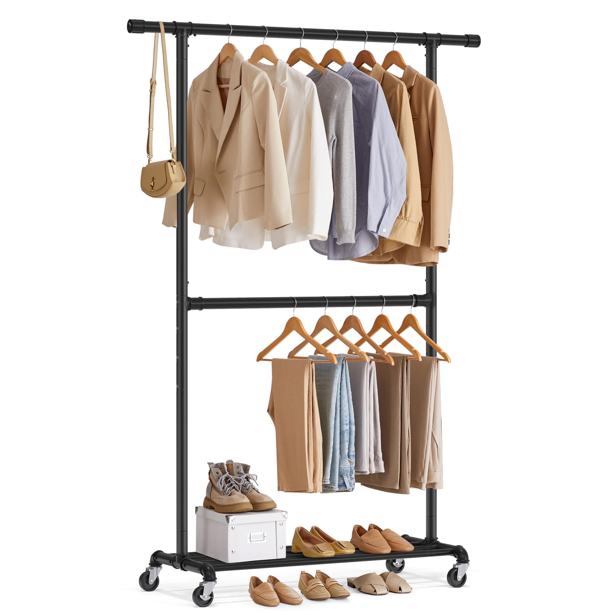 SONGMICS Heavy-Duty Double-Rod Clothes Rack with Casters, Black Adjustable Metal Frame UHSR62BK
