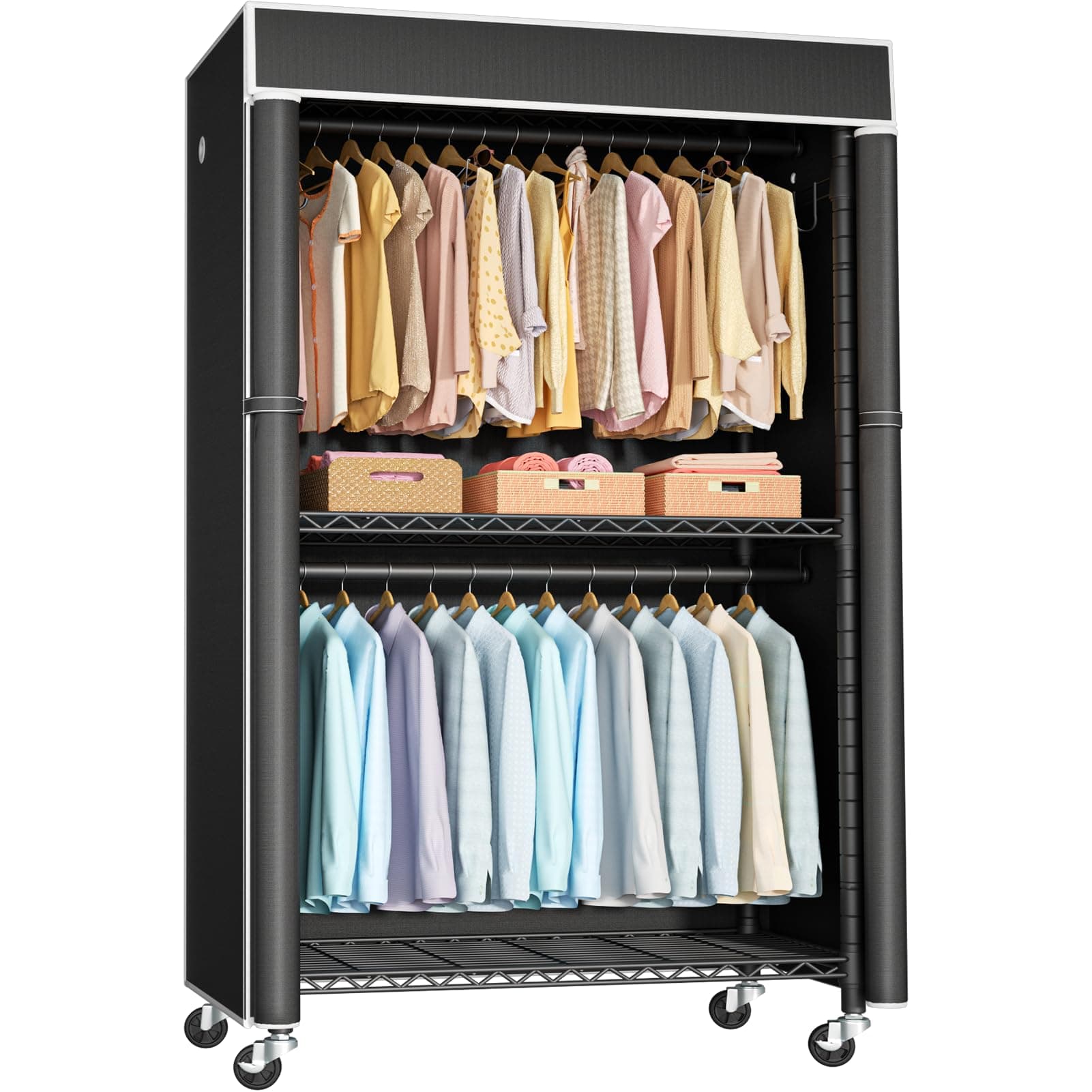 P1C Rolling Metal Closet Rack with Cover, Black, 450LB Load Capacity